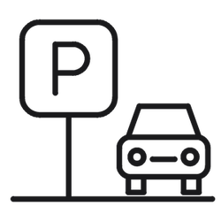 Parkkipaikan kuvake, jossa on pysäköintikyltti ja auto.